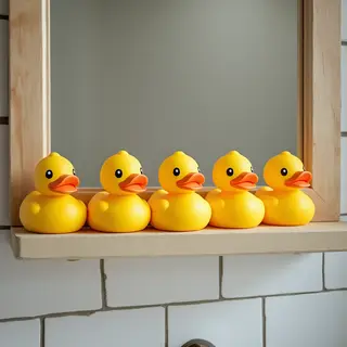 Exactly 5 yellow rubber ducks sitting in a row on a bathroom