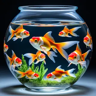 Exactly 9 goldfish swimming in a large round fishbowl