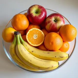 A fruit bowl containing exactly 3 bananas, 4 oranges, and 2 