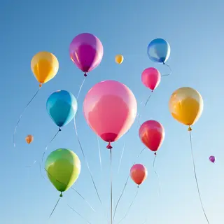 Exactly 11 colorful balloons floating against a clear blue s