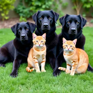 2 orange cats and 3 black dogs sitting together on a grassy 