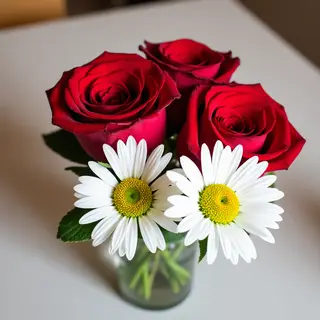 4 red roses and 2 white daisies in a glass vase on a table