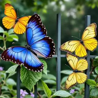 1 blue butterfly and 3 yellow butterflies resting on a garde