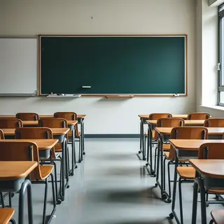 A classroom with desks and a chalkboard but no students