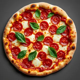 A pepperoni pizza with tomato sauce, basil, and crust but ab