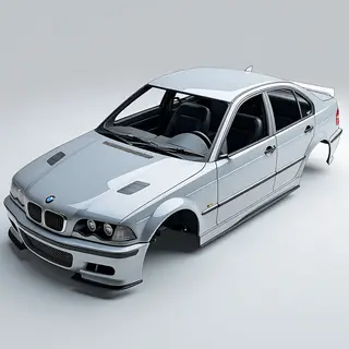 A car body with windows, doors, and headlights but no wheels