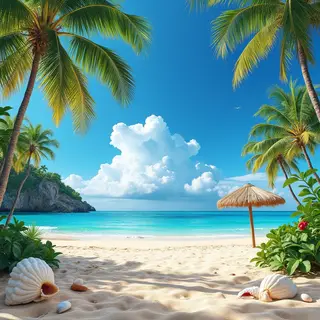 A sandy beach with palm trees, seashells, and a beach umbrel