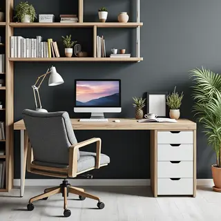 An office workspace with a desk, chair, bookshelf, and lamp 