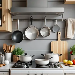 A kitchen with pots, pans, a stove, and a cutting board but 
