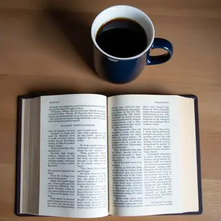 A coffee mug next to an open book on a desk