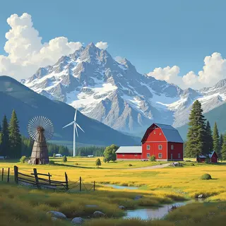 A landscape with a red barn in the foreground at large scale