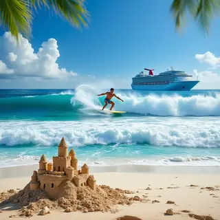 A beach scene with a sandcastle in the foreground, a surfer 