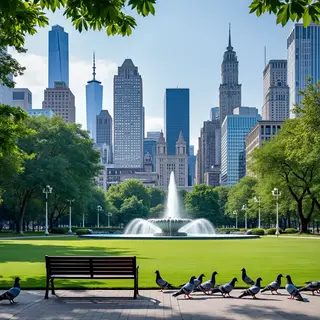 A city park with a park bench and pigeons in the foreground,