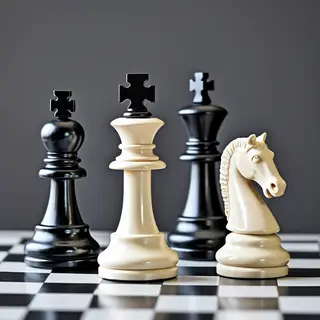 Five chess pieces on a board: a king in the center, a queen 