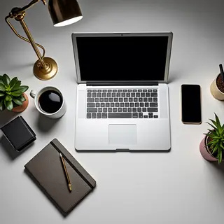 A desk scene: laptop in the center, coffee mug to the left, 
