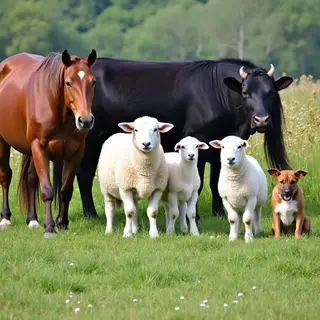 Five animals in a field: a horse on the far left, a cow to t