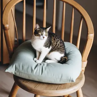 A cat sitting on a pillow, the pillow placed on a wooden cha