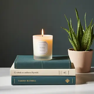 A candle on top of a stack of books, the books next to a pot