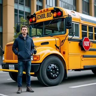 A person standing next to a yellow school bus, showing reali