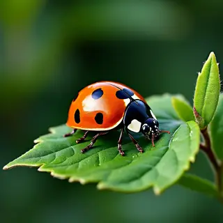 A ladybug sitting on a large green leaf, shown at realistic 