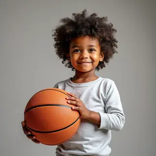 A child holding a basketball, both at correct relative sizes