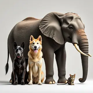 A group photo of an elephant, a horse, a dog, a cat, and a m
