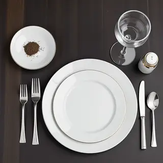 A dinner table scene with a plate, fork, knife, wine glass, 