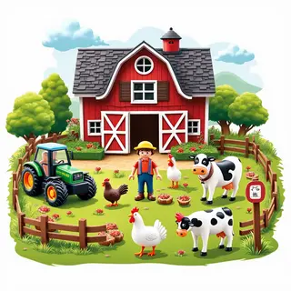 A farm scene with a barn, tractor, farmer, cow, chicken, and