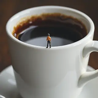 A tiny person standing on the rim of a coffee cup, looking d