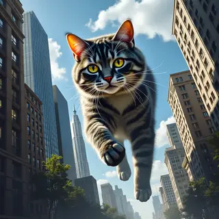 A giant tabby cat walking between city skyscrapers like a ka