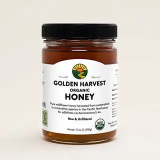 A product label for 'GOLDEN HARVEST ORGANIC HONEY' with subt