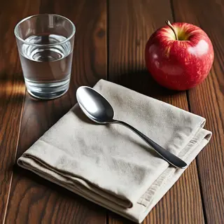 A still life on a wooden table featuring a clear glass of wa