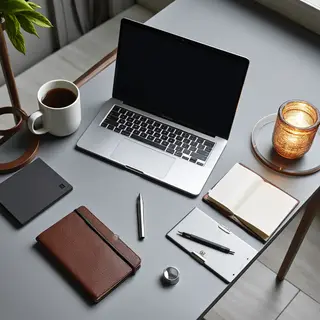 A workspace desk with a brushed aluminum laptop, a leather-b