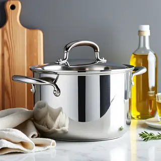 A kitchen counter with a stainless steel pot, a wooden cutti
