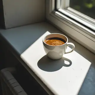 A coffee mug on a sunny windowsill casting a sharp shadow to