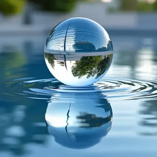 A clear glass sphere sitting on a mirror surface near a pool