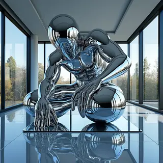 A chrome sculpture in a room with a glass floor and large wi