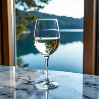 A crystal wine glass on a polished marble counter next to a 