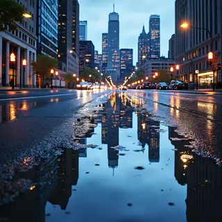 A city skyline reflected in a rain puddle on a street, with 