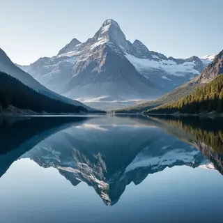 A mountain range reflected in a still alpine lake, with the 