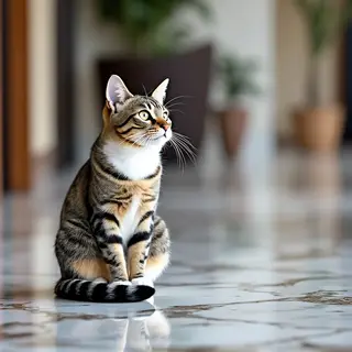 A cat sitting on a polished marble floor with its reflection