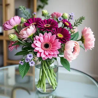 A vase of flowers on a glass table with a clear reflection v
