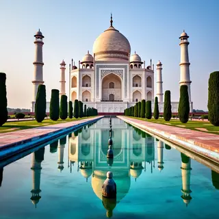 The Taj Mahal in Agra seen from the reflecting pool, with ac