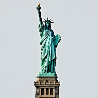The Statue of Liberty on her island pedestal, with correct t