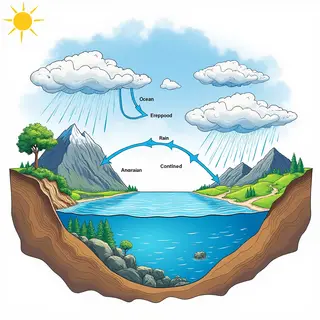 A detailed diagram of the water cycle showing evaporation fr