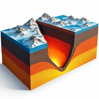 A cross-section showing tectonic plates at a convergent boun