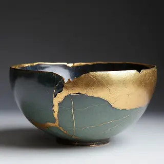 A Japanese kintsugi bowl — cracked ceramic repaired with vis