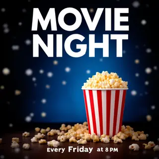 A movie night poster with a large popcorn image in the cente