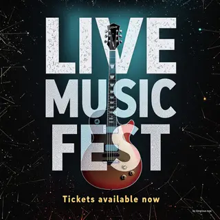 An event poster featuring a guitar illustration, the headlin