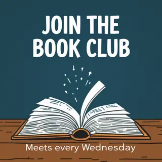 A book club poster with an open book illustration, the title